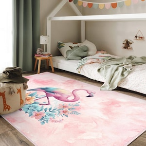 Pink Flamingo Design Rug, Tropical  Pattern Soft Non-Slip Washable Area Carpet, Pink Floral Nature Pattern Rug, Pink Flamingo Carpet