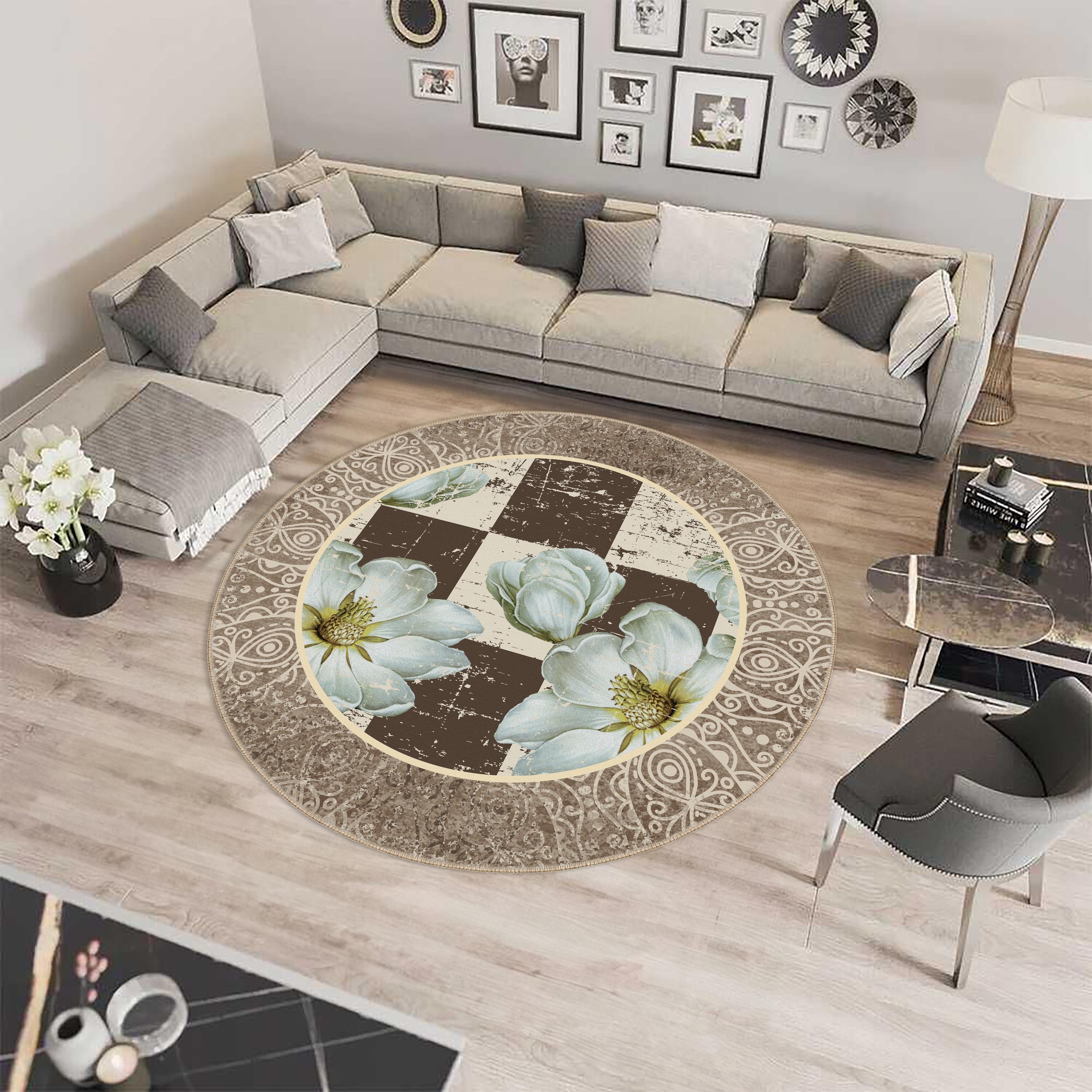 Tappeto Rotondo Mandala Fiore 28x28 Pollici (71 Cm) - Tappetino Antiscivolo In Poliestere Con Memory Foam, Lavabile, Per Soggiorno, Cucina, Ingresso
