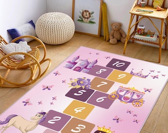 Princess Hopscotch Rug for Girls, Pink Castle and Unicorn Playroom Mat, Non-Slip Kids Carpet for Nursery or Toddler Mat, Hopscotch Kids Rug