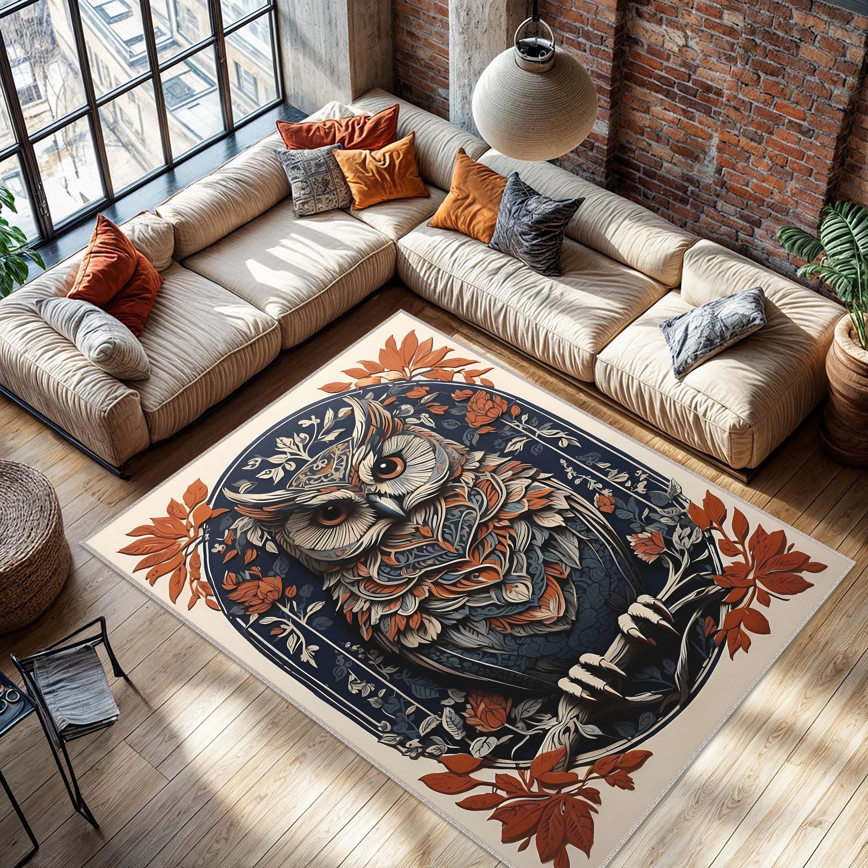 Stunning Owl Floral Pattern Area Rug, Intricate Animal Design Rug, Boho Chic Decor Rug,Large Owl Rug
