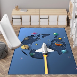 Blue Space Play Mat, Planet Kids Rug, Non-Slip Rocket Activity Rug,Crawling Mat, Space Themed Kids Rug, Rocket Planets Stars Desing Kids Rug