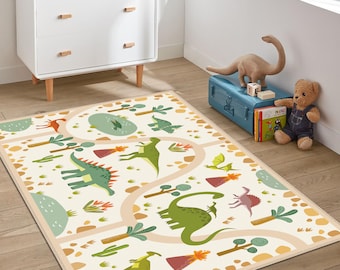 Dinosaur World Kids Rug, Non-Slip Kids Room Carpets, Land Of Dinosaur Rug, Jurassic Playroom Mat, Trex Crawling Mat, Dino Playroom Carpet