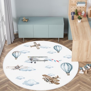 Vintage Airplane and Hot Air Balloon Nursery Rug,Soft Round Kids Room Carpet,Cute Aircraft Design for Baby Boy Nursery or Toddler Room Decor