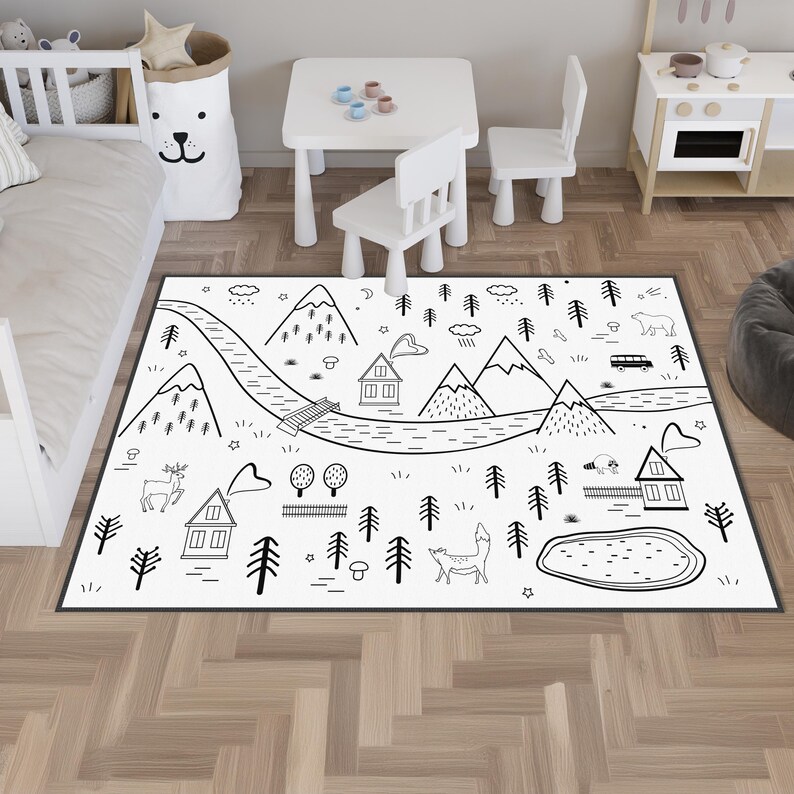 Cozy Black and White Kids Rug With Nature and Animal Illustrations for ...