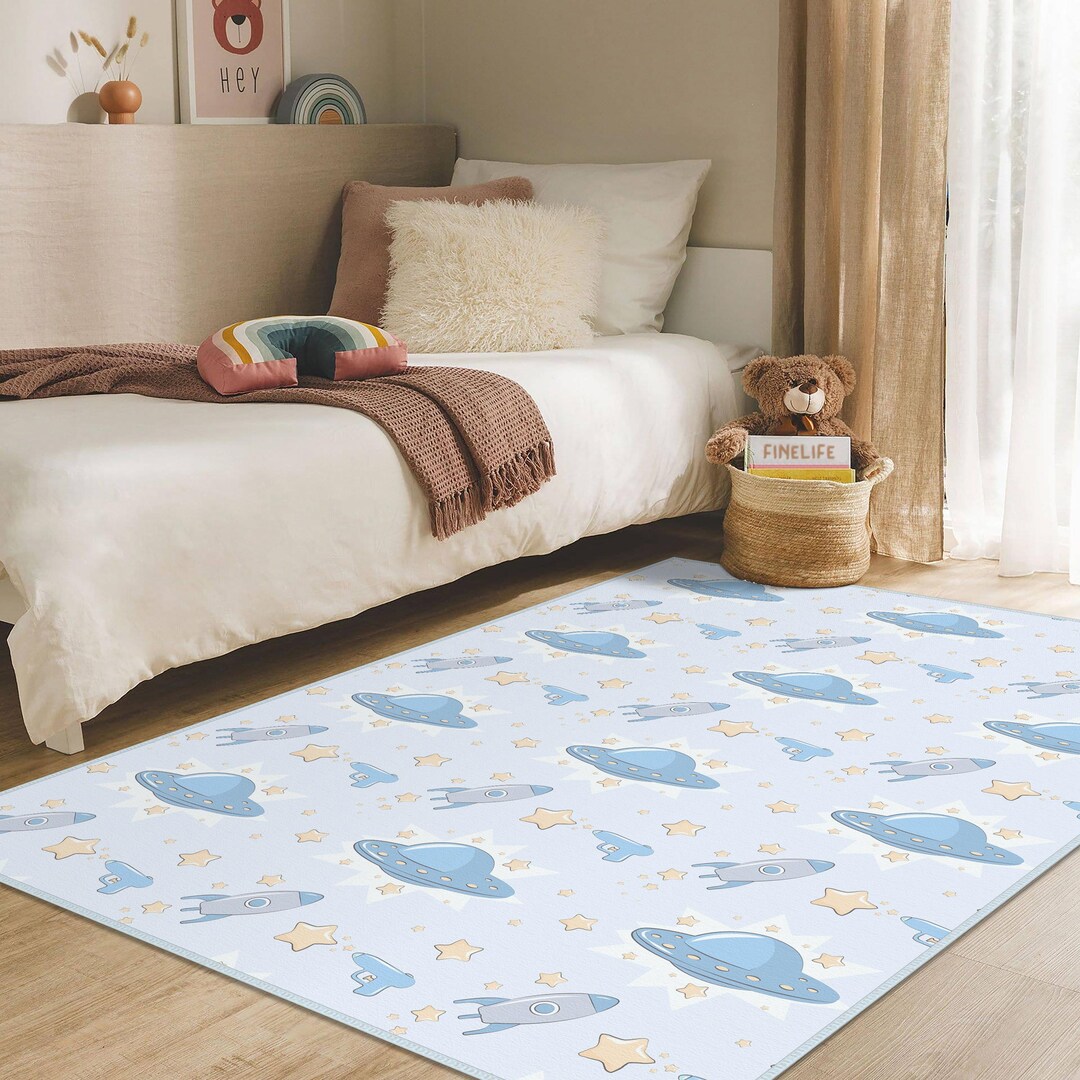 Blue Kids Rug, Space Planet Kids Carpet, Non-slip Rocket Activity Rug ...
