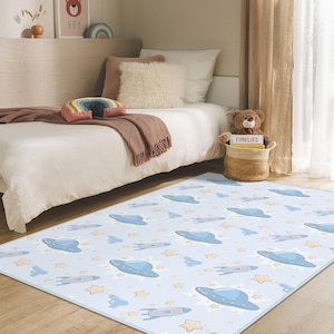 Blue Kids Rug, Space Planet Kids Carpet, Non-Slip Rocket Activity Rug, Space Themed Kids Rug, Spaceship Rocket Star Print Desing Kids Rug