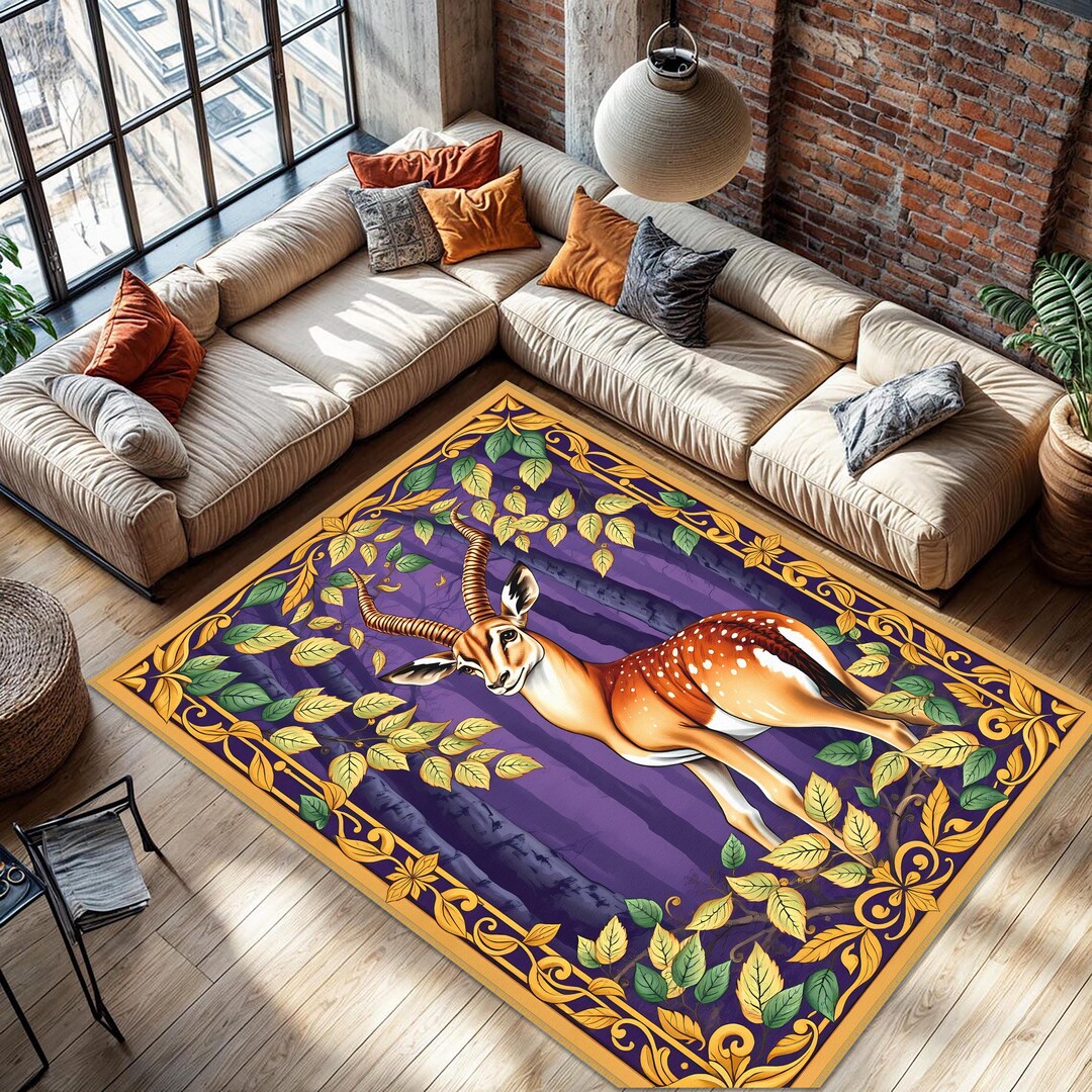 Deer Figured Rug, Nature Patterned Rug, Tree Patterned Carpet, Animal ...