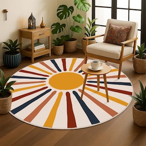 Abstract Sun Rug, Abstract Shapes Carpet, Modern Home Decor, Geometric Circle Rugs, Boho Sunburst Area Rug, Orange Living Room Rug, Sun Rugs