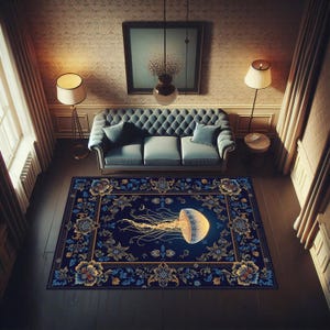 May include: A rectangular area rug featuring a dark blue background with a central glowing jellyfish illustration, surrounded by a detailed border of gold and blue floral patterns, positioned on a dark wooden floor in a living room setting.
