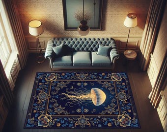 Elegant Jellyfish Rug with Floral Accents, Unique Blue Carpet for Living Room, Stunning Jellyfish Design for Rugs, Modern Ocean-Inspired Rug
