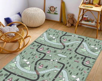 Kids Playroom Mat, Scenic Road Mountains Houses Forest Design Kids Carpet, Fun Road Nursery Rug, Forest Non-Slip Washable Kids Room Rug