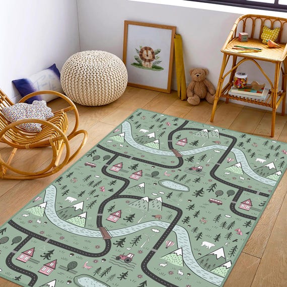 Kids Playroom Mat, Scenic Road Mountains Houses Forest Design Kids