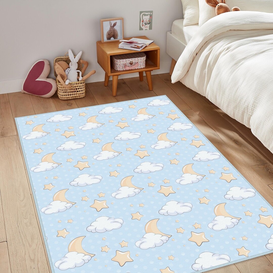 Star Pattern Baby Rug, Blue Kids Rug, Clouds Pattern Kids Rug, Blue ...