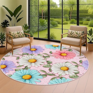Tapis à fleurs, Tapis à fleurs roses, Tapis pour enfants marguerites, Tapis à fleurs pour chambre d&#39;enfants, Tapis pour enfants marguerites, Tapis pour bébés à fleurs arc-en-ciel, Carpette à fleurs ronde