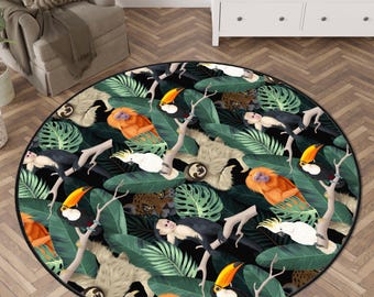 Alfombra con temática de la selva, alfombra de hojas tropicales, alfombra redonda tropical, alfombra para decoración de guardería, alfombra de mono perezoso, tapete de la selva, alfombra redonda con temática de la selva