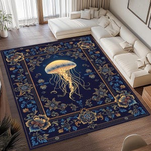 May include: A rectangular area rug featuring a dark navy blue background with a central golden jellyfish illustration. The border is decorated with intricate floral patterns in shades of blue, gold, and cream, framed by a geometric Greek key design.