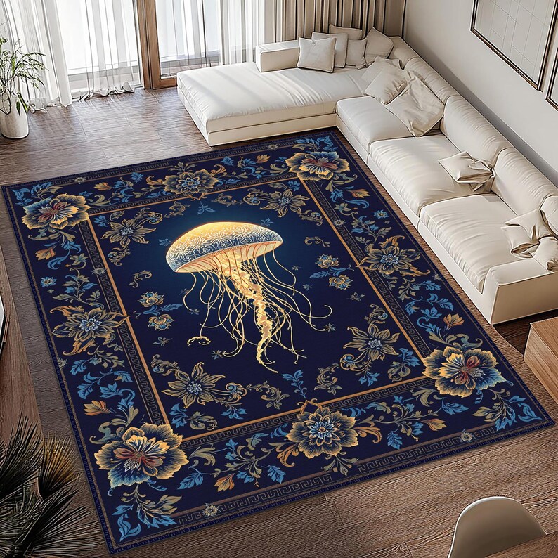 May include: A rectangular area rug featuring a dark navy blue background with a central golden jellyfish illustration. The border is decorated with intricate floral patterns in shades of blue, gold, and cream, framed by a geometric Greek key design.