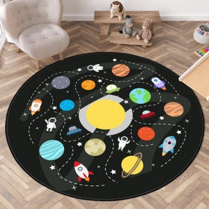 Space Themed Kids Rug, Cute Astronaut Desing Kids Playroom Mat, Rocket Baby Room Carpet, Planet Kids Rug,  Solar System Desing Kids Play Rug