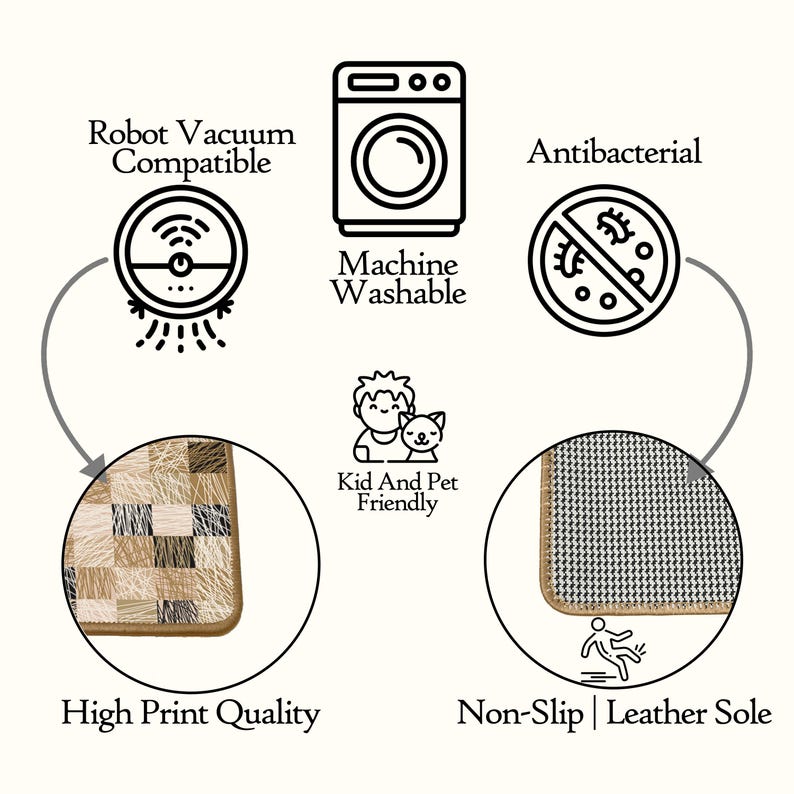 May include: Image of two rug samples, one with a beige and brown geometric pattern, the other with a black and white houndstooth design. Features include robot vacuum compatibility, machine washability, antibacterial properties, and a non-slip leather sole. It is kid and pet friendly.