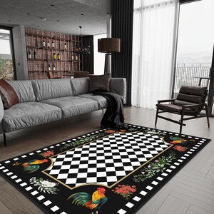 Checkered Area Rug, Black Hen Way Rug, Rooster Non-slip Rug, Rustic ...