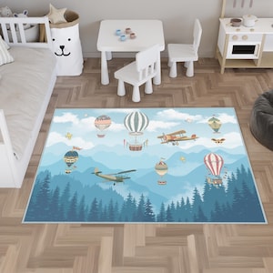 Mountain Kids Rug, Cloud Baby Room Rug, Air Balloon Kids Rug, Mountains Baby Room Carpet, Nursery Kids Rug, Mountain Design Nursery Carpet