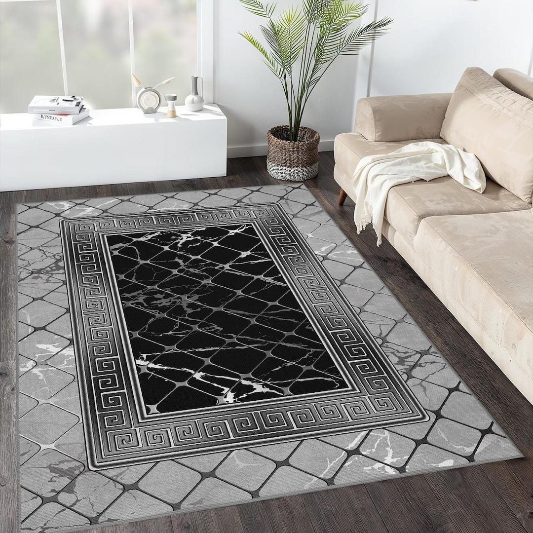 Gray Greek Rug, Gray and Black Marble Area Rug, Greek Key and Silver ...