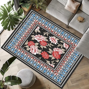 Elegant Floral Patterned Area Rug, Red Blue Flowers Black Background Area Carpet, Washable Carpet, Floral Area Rug, Flower Motif Carpet