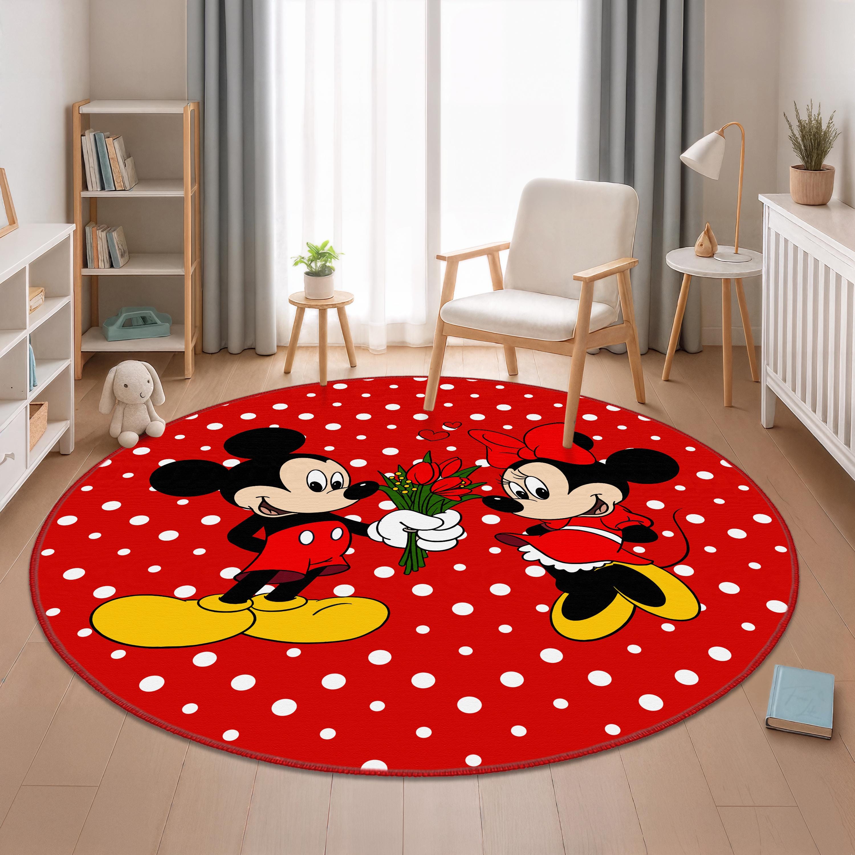 Red Mickey Mouse Rug, Red Kids Round Rug, Mickey Mouse Nursery Rug