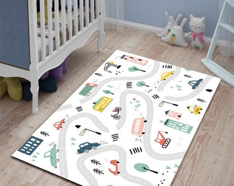 Tapis pour chambre d'enfant avec voiture, tapis de salle de jeux motif route, tapis d'activité bus, tapis enfant personnalisé, tapis enfant antidérapant, tapis pour chambre de bébé lavable, tapis enfant cadeau