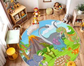 Dino World Map Play Mat, Dino Kids Carpet, Fun Dinosaur Design Non-Slip Activity Rug, Crawling Mat, Baby Rug, Dinosaur Themed Kids Play Mat