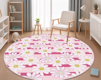 Pink Daisy Kids Rug, Daisy Flower Rug, Pink Round Daisy Rug,  White Floral Pattern Carpet, Daisy Flower Pattern Round Carpet,Floral Area Rug