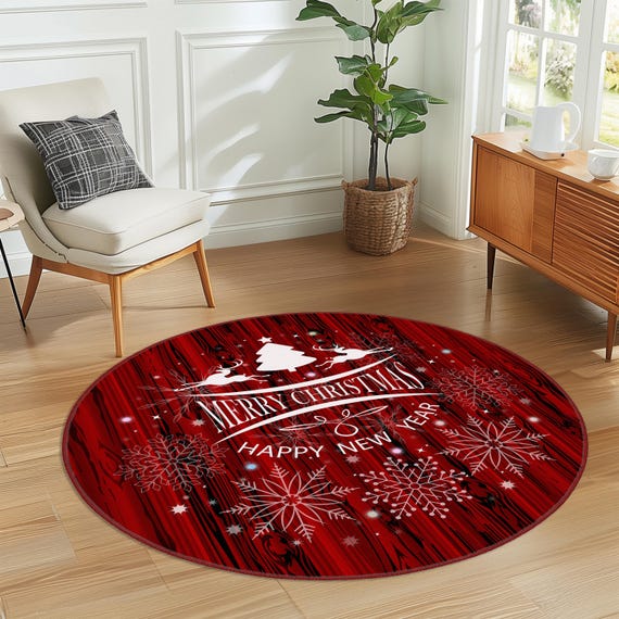 Frohe Weihnachten Teppich, Roter Weihnachtsteppich, Weihnachtsgeschenk, Weihnachtsteppich, Roter Frohe Weihnachten Runder Teppich