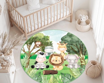 Safari Animal Rugs for Kids Room, Kids Rug Safari Jungle,Safari Rug for Nursery,Safari Nursery Rug Round Mat,Safari Toddler Rug, Kids Carpet
