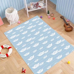 Ocean Theme Kids Activity Mat, Blue Nursery Rug, Blue Sailboat Printed Kids Rug, Sea Life Area Rug, Blue Boy Room Carpet, Boy Gift Rug