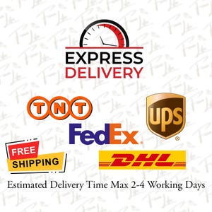 May include: Image showing logos for express delivery services. Includes logos for TNT, FedEx, UPS, DHL, and a "Free Shipping" banner. The image also has a graphic of a speedometer with the words "Express Delivery".