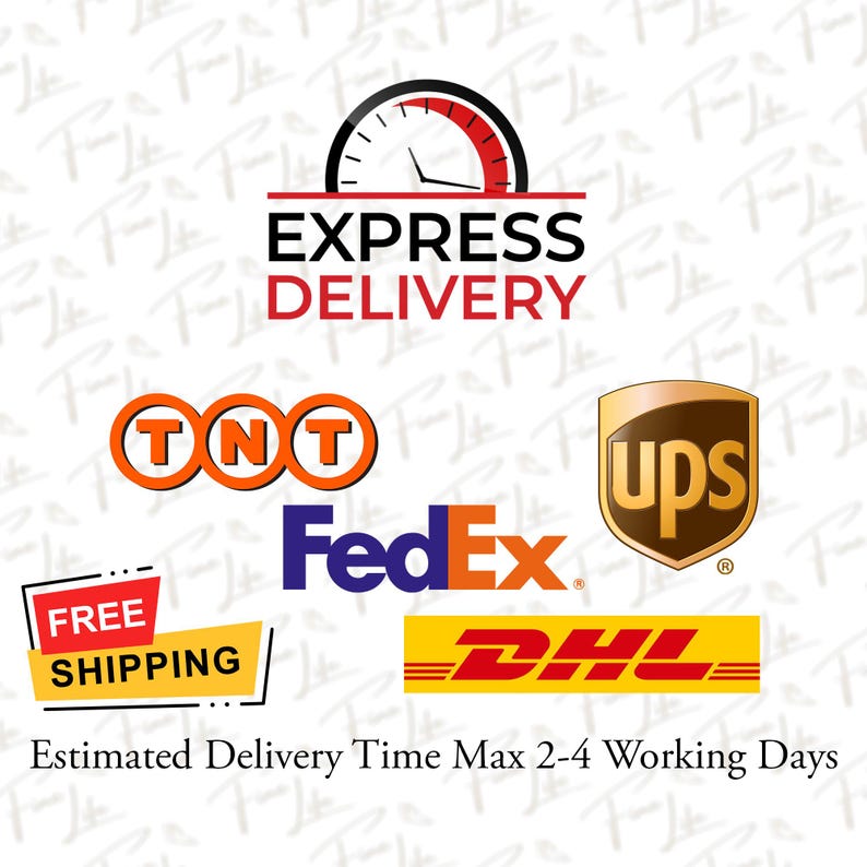 May include: Image showing logos for express delivery services. Includes logos for TNT, FedEx, UPS, DHL, and a "Free Shipping" banner. The image also has a graphic of a speedometer with the words "Express Delivery".
