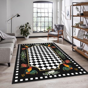 Checkered Area Rug, Black Hen Way Rug, Rooster Non-slip Rug, Rustic ...