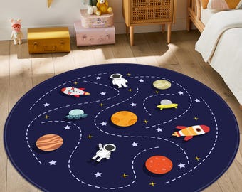 Space Nursery Rug, Rocket Play Mat, Space Themed Kids Round Carpet, Outer Space Round Kids Rug, Astronaut Rocket Planet Design Kids Carpet