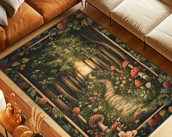 Mushroom Rug, Mushroom Forest Rug, Forest Tree Carpet, Mushroom Round Rug, Tropical Area Rug, Housewarming Gift, Kitchen Rug, Nature Rug