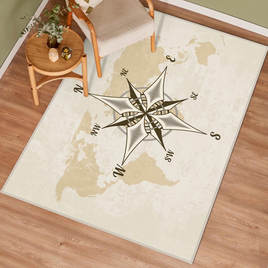 Compass Design Rug, Vintage Rug, Compass Decor, Vintage Nautical Theme ...