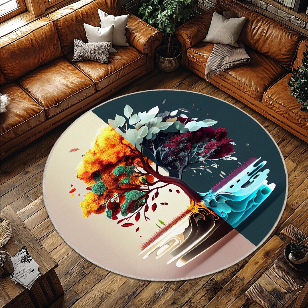 Tree of Life Round Rug, Colorful Tree Art Rug, 4 Seasons Abstract Round ...