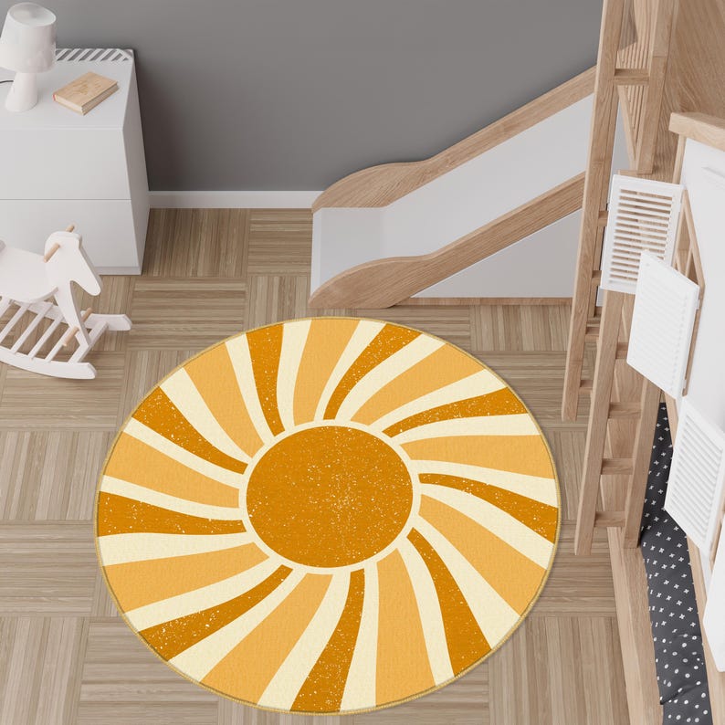 Sunshine Rug Neutral Sunburst Nursery Rug, Boho Non-slip Baby Carpet, Yellow Sun ...