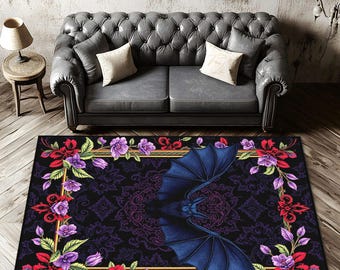 Alfombra gótica con estampado floral de murciélagos, decoración floral oscura para el hogar, alfombra con diseño único de murciélagos, arte mural vintage de murciélagos, alfombra floral negra y morada para la sala de estar.