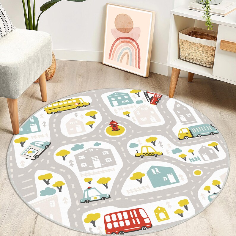 Car Road Kids Carpet, Non-slip Kids Rug, Nursery Rug, Yellow Bus Fire ...