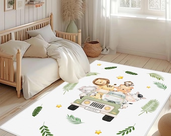 Safari Animals Patterned Kids Rug, Safari Themed Baby Playroom Mat, Animal Design Nursery Carpet