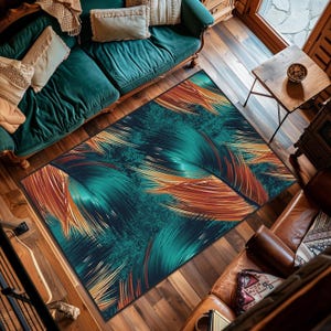 May include: A teal and orange abstract area rug with a feather design. The rug has a modern, contemporary style.