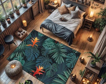 Maximalist Bedroom Rug, Botanical Patterned Rug, Forest Green Floor Rug, Green Leaf Rug, Dark Green Leaf Rug, Leaf Themed Rug, Tropical Rugs