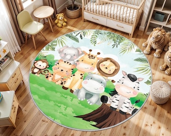 Safari Animal Rugs for Kids Room,Kids Rug Safari Jungle,Safari Rug for Nursery,Safari Nursery Rug Round Mat,Safari Toddler Rugs, Kids Carpet