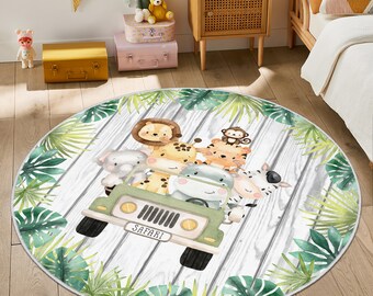 Lion Themed Carpet, Safari Animals Kids Rug, Cute Lion Giraffe Monkey Elephant More Jungle Animal Rug, Baby Nursery Playroom Mat, Safari Rug
