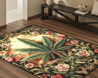 May include: A rectangular area rug featuring a large, central green cannabis leaf surrounded by a dense pattern of blooming red, pink, and white roses with green foliage against a dark background with a glowing, light-colored center area.